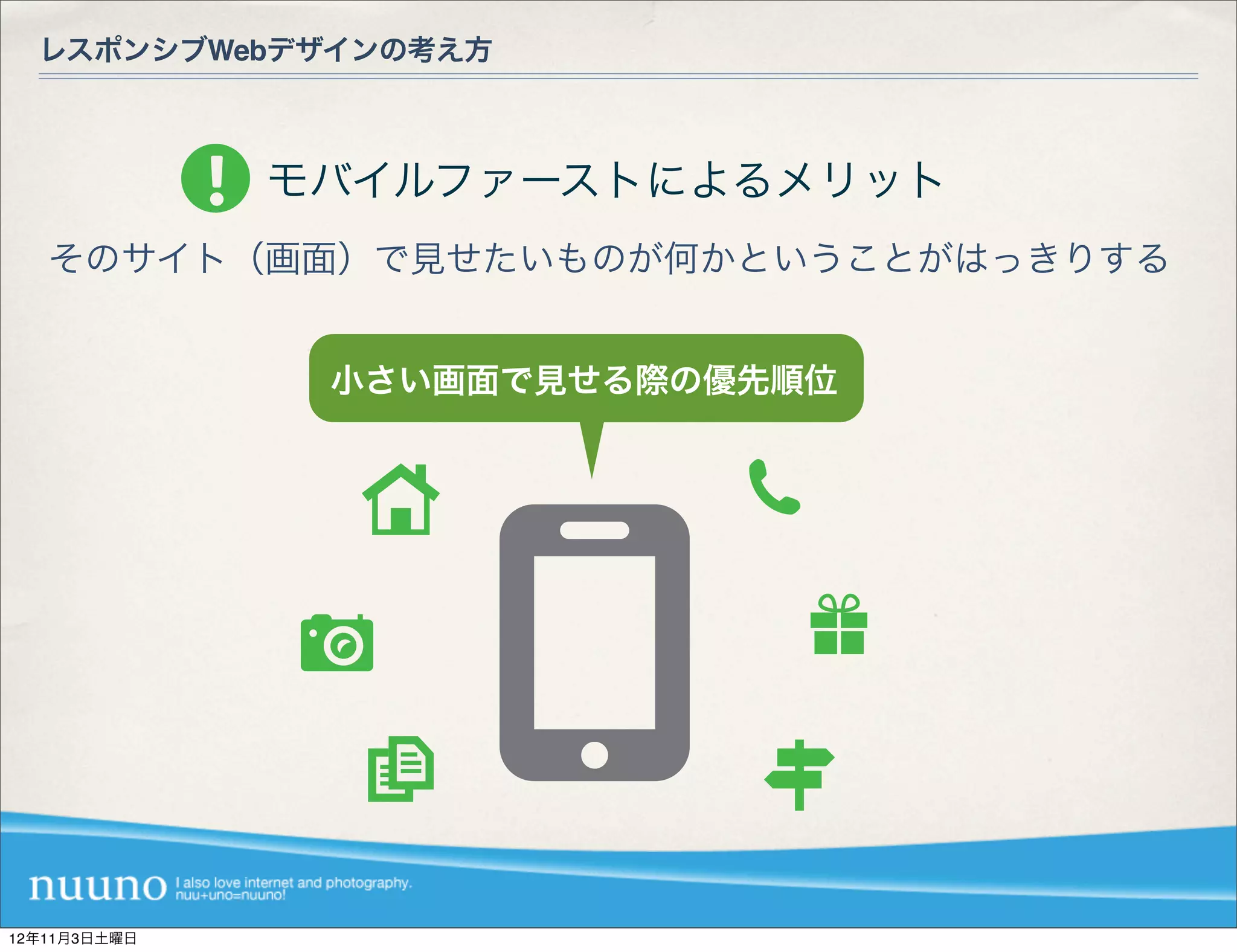 レスポンシブWebデザインの考え方



              モバイルファーストによるメリット
   そのサイト（画面）で見せたいものが何かということがはっきりする


               小さい画面で見せる際の優先順位




12年11月3日土曜日
 