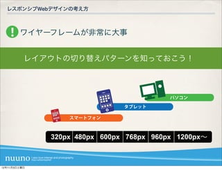 レスポンシブWebデザインの考え方



        ワイヤーフレームが非常に大事


          レイアウトの切り替えパターンを知っておこう！



                                          パソコン

                               タブレット

                  スマートフォン



              320px 480px 600px 768px 960px 1200px∼



12年11月3日土曜日
 