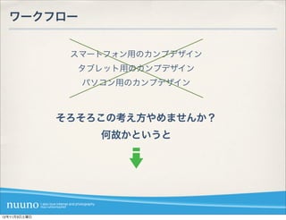 ワークフロー


               スマートフォン用のカンプデザイン
                タブレット用のカンプデザイン
                パソコン用のカンプデザイン



              そろそろこの考え方やめませんか？
                  何故かというと




12年11月3日土曜日
 