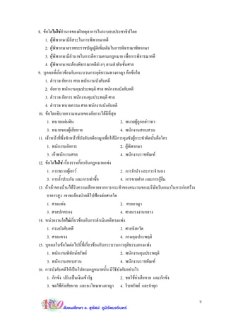 8. ขอใดไมใชอํานาจของฝายตุลาการในระบอบประชาธิปไตย
    1. ผูพิพากษามีอิสระในการพิพากษาคดี
    2. ผูพิพากษาตราพระราชบัญญัติเพิ่มเติมในการพิจารณาพิพากษา
    3. ผูพิพากษามีอํานาจในการตีความตามกฎหมาย เพื่อการพิจารณาคดี
    4. ผูพิพากษาจะตองพิจารณาคดีตางๆ ตามลําดับชั้นศาล
9. บุคคลที่เกี่ยวของกับกระบวนการยุติธรรมทางอาญา คือขอใด
    1. ตํารวจ อัยการ ศาล พนักงานบังคับคดี
    2. อัยการ พนักงานคุมประพฤติ ศาล พนักงานบังคับคดี
    3. ตํารวจ อัยการ พนักงานคุมประพฤติ ศาล
    4. ตํารวจ ทนายความ ศาล พนักงานบังคับคดี
10. ขอใดอธิบายความหมายของอัยการไดดีที่สุด
     1. ทนายแผนดิน                                   2. ทนายผูถูกกลาวหา
     3. ทนายของผูเสียหาย                             4. พนักงานสอบสวน
11. เจาหนาที่ซึ่งทําหนาที่บังคับคดีอาญาเพื่อใหมีการคุมขังผูกระทําผิดนั้นคือใคร
     1. พนักงานอัยการ                                 2. ผูพิพากษา
     3. เจาพนักงานศาล                                4. พนักงานราชทัณฑ
12. ขอใดไมใช เรื่องราวเกี่ยวกับกฎหมายแพง
     1. การพรากผูเยาว                               2. การจํานํา และการจํานอง
     3. การคํ้าประกัน และการเชาซื้อ                  4. การขายฝาก และการกูยืม
13. ถาเจาของบานไดรับความเสียหายจากการกระทําของคนงานของบริษัทรับเหมาในการกอสราง
     อาคารสูง เขาจะตองนําคดีไปฟองตอศาลใด
     1. ศาลแพง                                       2. ศาลอาญา
     3. ศาลปกครอง                                     4. ศาลแรงงานกลาง
14. หนวยงานใดไมเกี่ยวของกับการดําเนินคดีทางแพง
     1. กรมบังคับคดี                                  2. ศาลจังหวัด
     3. ศาลแขวง                                       4. กรมคุมประพฤติ
15. บุคคลในขอใดตอไปนี้ที่เกี่ยวของกับกระบวนการยุติธรรมทางแพง
     1. พนักงานพิทักษทรัพย                          2. พนักงานคุมประพฤติ
     3. พนักงานสอบสวน                                 4. พนักงานราชทัณฑ
16. การบังคับคดีใหเปนไปตามกฎหมายนั้น มีวิธีบังคับอยางไร
     1. กักขัง ปรับเปนเงินเขารัฐ                    2. ชดใชคาเสียหาย และกักขัง
     3. ชดใชคาเสียหาย และลงโทษทางอาญา 4. ริบทรัพย และจําคุก

                                                                                       9
             สังคมศึกษา อ. สุทัศน ภูมิรัตนจรินทร
 