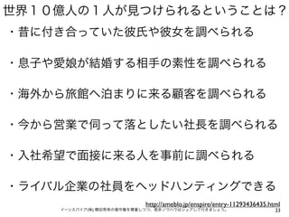 世界１０億人の１人が見つけられるということは？
・昔に付き合っていた彼氏や彼女を調べられる

・息子や愛娘が結婚する相手の素性を調べられる

・海外から旅館へ泊まりに来る顧客を調べられる

・今から営業で伺って落としたい社長を調べられる

・入社希望で面接に来る人を事前に調べられる

・ライバル企業の社員をヘッドハンティングできる
                          http://ameblo.jp/enspire/entry-11293436435.html
    イーンスパイア(株) 横田秀珠の著作権を尊重しつつ、是非ノウハウはシェアして行きましょう。                      23
 
