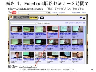 続きは、Facebook戦略セミナー３時間で
http://www.youtube.com/shurinyokota   「新潟 ネットビジネス」検索で４位




映像        http://qr.net/3hours
           イーンスパイア(株) 横田秀珠の著作権を尊重しつつ、是非ノウハウはシェアして行きましょう。   89
 