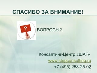 СПАСИБО ЗА ВНИМАНИЕ!


      ВОПРОСЫ?




       Консалтинг-Центр «ШАГ»
           www.stepconsulting.ru
             +7 (...