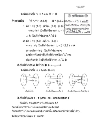 T.KAINOY



                      Df = A              Rf       B

     6           A = {1,2,3,4}                   B = {3,6,7,8}

     1.       f1 = { (1,3) , (2,6) , (3,7) , (4,8) }
                           f1                            D f1 =   { 1,2,3,4, } = A

          f1                              A        B

     2.       f2 = { (1,6) , (2,7) , (3,8) }
                      f2                            D f2 =     { 1,2,3 }   A

                                 f2


                            f2                            D f2     B

2.               A                    B (f : A    onto
                                                          B)


                      Df = A             Rf = B




3.                1 – 1 (One – to – one function )

          f                                        1-1




                  2
 