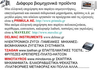 Διάφορα βιομηχανικά προϊόντα
Μια ελληνική επιχείρηση που παράγει ατμογεννήτριες,
επαγγελματικά και οικιακά σιδερωτικά μηχανήματα, πρέσσες κ.ά. με
μεγάλο μέρος του κύκλου εργασιών να προέρχεται από τις εξαγωγές
είναι η PRIMULA ΑΕ. http://www.primula.gr
Μια ακόμα ελληνική επιχείρηση που παράγει πολυκουζινάκια,
αερόθερμα, convectors, καλοριφέρ λαδιού, τοστιέρες και γκριλιέρες
είναι η MAVELEC http://www.mavelec.gr
DELMAC INSTRUMENTS www.delmac.gr
HΛΕΚΤΡΟΝΙΚΟΙ ΖΥΓΟΙ -ΤΑΜΕΙΑΚΕΣ ΜΗΧΑΝΕΣ-
ΒΙΟΜΗΧΑΝΙΚΑ ΖΥΓΙΣΤΙΚΑ ΣΥΣΤΗΜΑΤΑ
ΤΖΑΘΑΝ www.tzethan.gr ΕΠΑΓΓΕΛΜΑΤΙΚΕΣ ΤΟΣΤΙΕΡΕΣ -
ΦΡΙΤΕΖΕΣ-ΚΡΕΠΙΕΡΕΣ-ΠΛΑΤΩ-HATCON
MINOTAYROS www.minotavros.gr ΣΚΑΠΤΙΚΑ
ΜΗΧΑΝΗΜΑΤΑ- ΕΛΑΙΟΡΑΒΔΙΣΤΙΚΑ-ΨΕΚΑΣΤΙΚΑ
-ΠΛΑΤΦΟΡΜΕΣ ΜΕΤΑΦΟΡΑΣ ΚΑΙ ΠΟΛΛΑ ΑΛΛΑ.............
 