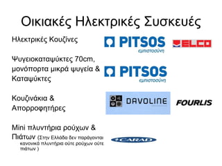 Οικιακές Ηλεκτρικές Συσκευές
Ηλεκτρικές Κουζίνες

Ψυγειοκαταψύκτες 70cm,
μονόπορτα μικρά ψυγεία &
Καταψύκτες

Κουζινάκια &
Απορροφητήρες

Mini πλυντήρια ρούχων &
Πιάτων (Στην Ελλάδα δεν παράγονται
   κανονικά πλυντήρια ούτε ρούχων ούτε
   πιάτων )
 