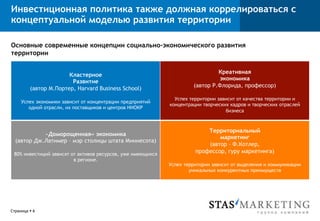 Инвестиционная политика также должная коррелироваться с
концептуальной моделью развития территории

Основные современные концепции социально-экономического развития
территории

                                                                               Креативная
                        Кластерное
                                                                                экономика
                         Развитие
                                                                      (автор Р.Флорида, профессор)
          (автор М.Портер, Harvard Business School)
                                                               Успех территории зависит от качества территории и
     Успех экономики зависит от концентрации предприятий
                                                             концентрации творческих кадров и творческих отраслей
        одной отрасли, их поставщиков и центров НИОКР
                                                                                   бизнеса



                                                                           Территориальный
            «Доморощенная» экономика
                                                                               маркетинг
  (автор Дж.Латимер – мэр столицы штата Миннесота)
                                                                           (автор – Ф.Котлер,
 80% инвестиций зависят от активов ресурсов, уже имеющихся
                                                                       профессор, гуру маркетинга)
                         в регионе.
                                                             Успех территории зависит от выделения и коммуникации
                                                                     уникальных конкурентных преимуществ




Страница § 6
 