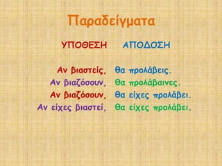 Παναδείγμαηα
     ΥΠΟΘΕ΢Η         ΑΠΟΔΟ΢Η

     Ακ βηαζηείξ,   ζα   πνμιάβεηξ.
   Ακ βηαδόζμοκ,    ζα   πνμιάβαηκεξ.
   Ακ βηαδόζμοκ,    ζα   είπεξ πνμιάβεη.
Ακ είπεξ βηαζηεί,   ζα   είπεξ πνμιάβεη.
 