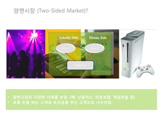 양면시장 (Two-Sided Market)?



                  Subsidy Side
        Money Side


                   Side 1              Side 2
          두 개 이상의 독립된 고객                  고객그룹간 긍정적 네트웍
               그룹 대상                          효과 존재

                            Platform




•  양면시장은 다양한 사례를 보임. (예: 신용카드, 의료보험, 게임콘솔 등)
§  보통 돈을 버는 고객과 보조금을 주는 고객으로 나누어짐. 
 