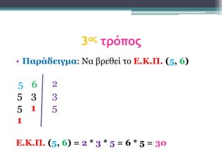 3ος τρόπος
• Παράδειγμα: Να βξεζεί ην Δ.Κ.Π. (5, 6)

5 6      2
5 3      3
5 1      5
1

Δ.Κ.Π. (5, 6) = 2 * 3 * 5 = 6 * 5 = 30
 