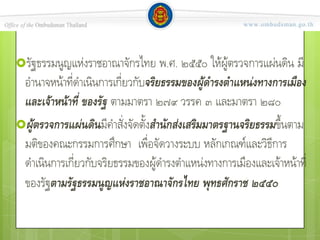 ความเป็นมา

รัฐธรรมนูญแห่งราชอาณาจักรไทย พ.ศ. ๒๕๕๐ ให้ผู้ตรวจการแผ่นดิน มี
 อานาจหน้าที่ดาเนินการเกี่ยวกับจริยธรรมของผู้ดารงตาแหน่งทางการเมือง
 และเจ้าหน้าที่ ของรัฐ ตามมาตรา ๒๗๙ วรรค ๓ และมาตรา ๒๘๐
ผู้ตรวจการแผ่นดินมีคาสั่งจัดตั้งสานักส่งเสริมมาตรฐานจริยธรรมขึ้นตาม
 มติของคณะกรรมการศึกษา เพื่อจัดวางระบบ หลักเกณฑ์และวิธีการ
 ดาเนินการเกี่ยวกับจริยธรรมของผู้ดารงตาแหน่งทางการเมืองและเจ้าหน้าที่
 ของรัฐตามรัฐธรรมนูญแห่งราชอาณาจักรไทย พุทธศักราช ๒๕๕๐
 