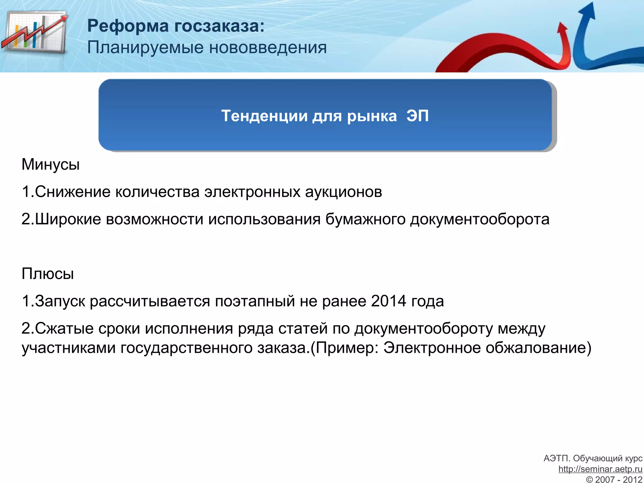 Реформа госзаказа:
         Планируемые нововведения


                        Тенденции для рынка ЭП
                         Тенденции для рынка ЭП

Минусы
1.Снижение количества электронных аукционов
2.Широкие возможности использования бумажного документооборота


Плюсы
1.Запуск рассчитывается поэтапный не ранее 2014 года
2.Сжатые сроки исполнения ряда статей по документообороту между
участниками государственного заказа.(Пример: Электронное обжалование)




                                                               АЭТП. Обучающий курс
                                                                 http://seminar.aetp.ru
                                                                         © 2007 - 2012
 