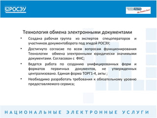 Технология обмена электронными документами
•     Создана рабочая группа из экспертов спецоператоров и
      участников документоборота под эгидой РОСЭУ;
•     Достигнуто согласие по всем вопросам функционирования
      Технологии обмена электронными юридически значимыми
      документами. Согласован с ФНС;
•     Ведется работа по созданию унифицированных форм и
      форматов    первичных     документов,   не   утвержденных
      централизовано. Единая форма ТОРГ1-4, акты ;
•     Необходимо разработать требования к обязательному уровню
      предоставляемого сервиса;
 