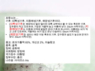 프랑스는…
기후: 대륙성기후, 지중해성기후, 해양성기후이다.
• (대륙성기후는 해양에서 멀리 떨어진 대륙 내부에서 볼 수 있는 특유한 기후.
    강우량이 적고 건조하며, 기압은 겨울에 높고 여름에 낮다. Daum 어학사전), (지
    중해성기후는 지중해 지역에 발달한 온대 기후의 하나이다. 여름에는 비가 적
    고 고온 건조하며, 겨울에는 비가 많고 온난 다습하다. Daum 어학사전)
•   (해양성기후는 섬이나 해안 지방 특유의 기후. 강수량과 습도가 높으며 안개가
    잦다. Daum 어학사전)

종교: 로마가톨릭 83%, 개신교 2%, 이슬람교
종족 :골족
정체 :공화제
의회형태: 양원제
국가원수 :대통령
정부수반: 총리
나라꽃 :아이리스 Iris
 