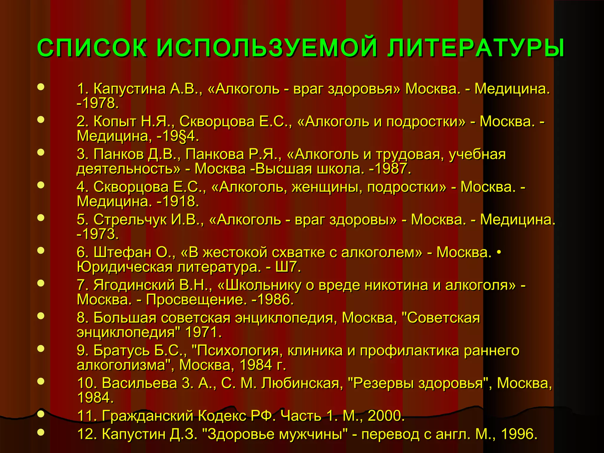 СПИСОК ИСПОЛЬЗУЕМОЙ ЛИТЕРАТУРЫ
   1. Капустина А.В., «Алкоголь - враг здоровья» Москва. - Медицина.
    -1978.
   2. Копыт Н.Я., Скворцова Е.С., «Алкоголь и подростки» - Москва. -
    Медицина, -19§4.
   3. Панков Д.В., Панкова Р.Я., «Алкоголь и трудовая, учебная
    деятельность» - Москва -Высшая школа. -1987.
   4. Скворцова Е.С., «Алкоголь, женщины, подростки» - Москва. -
    Медицина. -1918.
   5. Стрельчук И.В., «Алкоголь - враг здоровы» - Москва. - Медицина.
    -1973.
   6. Штефан О., «В жестокой схватке с алкоголем» - Москва. •
    Юридическая литература. - Ш7.
   7. Ягодинский В.Н., «Школьнику о вреде никотина и алкоголя» -
    Москва. - Просвещение. -1986.
   8. Большая советская энциклопедия, Москва, "Советская
    энциклопедия" 1971.
   9. Братусь Б.С., "Психология, клиника и профилактика раннего
    алкоголизма", Москва, 1984 г.
   10. Васильева 3. А., С. М. Любинская, "Резервы здоровья", Москва,
    1984.
   11. Гражданский Кодекс РФ. Часть 1. М., 2000.
   12. Капустин Д.З. "Здоровье мужчины" - перевод с англ. М., 1996.
 