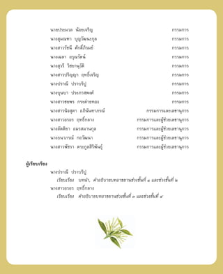 π“¬ª√–¡«≈ πâÕ¬‡®√‘≠                                         °√√¡°“√
                π“ß ÿ¡≥±“ ∫ÿ≠«—≤π–°ÿ≈                                       °√√¡°“√
                π“ß “«√—™π’ »—°¥‘Ï¿‘√¡¬å                                    °√√¡°“√
                π“ß‡©≈“ Õ√ÿ≥√—µπå                                           °√√¡°“√
                π“ß ÿ«√’ «‘™¬“πÿ«—µ‘                                        °√√¡°“√
                π“ß “«ª√‘≠≠“ ƒ∑∏‘‡®√‘≠   Ï                                  °√√¡°“√
                π“ßª√“≥’ ª√“∫√‘ªŸ                                           °√√¡°“√
                π“ß∫ÿ…∫“ ª√–¿“ æß»å                                         °√√¡°“√
                π“ß “«™¬æ√ °√–µà“¬∑Õß                                       °√√¡°“√
                π“ß “«π‘® ÿ¥“ Õ¿‘ππ∑“¿√≥å
                                       —                        °√√¡°“√·≈–‡≈¢“πÿ°“√
                π“ß “«Õ√Õ√ ƒ∑∏‘°≈“ß  Ï                      °√√¡°“√·≈–ºŸ™«¬‡≈¢“πÿ°“√
                                                                        âà
                π“ß≈—µµ‘¬“ Õ¡√ ¡“π°ÿ≈                       °√√¡°“√·≈–ºŸ™«¬‡≈¢“πÿ°“√
                                                                        âà
                π“ß∏π“¿√≥å °Õ«—≤π“                          °√√¡°“√·≈–ºŸ™«¬‡≈¢“πÿ°“√
                                                                        âà
                π“ß “«æ—™√“ µ√–°Ÿ≈ ‘√‘æ—π∏ÿå                °√√¡°“√·≈–ºŸ™«¬‡≈¢“πÿ°“√
                                                                        âà

ºŸâ‡√’¬∫‡√’¬ß
                π“ßª√“≥’ ª√“∫√‘ªŸ
                   ‡√’¬∫‡√’¬ß ∫∑π”, §”Õ∏‘∫“¬∫∑Õ“¢¬“π™à«ß™—Èπ∑’Ë Ò ·≈–™à«ß™—π∑’Ë Ú
                                                                             È
                π“ß “«Õ√Õ√ ƒ∑∏‘°≈“ß
                                 Ï
                   ‡√’¬∫‡√’¬ß §”Õ∏‘∫“¬∫∑Õ“¢¬“π™à«ß™—Èπ∑’Ë Û ·≈–™à«ß™—Èπ∑’Ë Ù
 