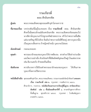 81

                                 √“¡‡°’¬√µ‘Ï
                               µÕπ »÷°Õ‘π∑√™‘µ
ºŸ·µàß
  â            æ√–∫“∑ ¡‡¥Á®æ√–æÿ∑∏¬Õ¥øÑ“®ÿÃ“‚≈°¡À“√“™
∑’¡“¢Õß‡√◊Õß ∫∑ª√–æ—π∏åπ’ÈÕ¬Ÿà„π∫∑≈–§√ ‡√◊ËÕß √“¡‡°’¬√µ‘Ï µÕπ »÷°Õ‘π∑√™‘µ
  Ë       Ë
             »÷°§√—Èßπ—Èπæ√–≈—°…≥åµâÕß»√Õ‘π∑√™‘µ æ√–√“¡‡ ’¬æ√–∑—¬®π ≈∫‰ª
             π“ß ’¥“π—Ëß∫ÿ…∫°·°â«‰ª¥Ÿ°Õß∑—æΩÉ“¬æ√–√“¡ ‡¢â“„®«à“æ√–√“¡ ‘Èπ™’æ
             ·µàπ“ßµ√’™Æ“´÷Ëß‰ª¥â«¬ ¬◊π¬—π«à“æ√–√“¡¬—ß¡’™’«‘µÕ¬Ÿà ‡æ√“–∫ÿ…∫°π—Èπ
             ‡ªìπ∫ÿ…∫°‡ ’Ë¬ß∑“¬ ∂â“À≠‘ßÀ¡â“¬π—Ëß ∫ÿ…∫°®–‰¡à≈Õ¬
©—π∑≈—°…≥å     °≈Õπ∫∑≈–§√
§ÿ≥§à“         æ√√≥π“≈—°…≥–¢Õß∫ÿ…∫°„Àâ¿“æ™—¥‡®π  √√§”¡“„™âÕ¬à“ßª√–≥’µ
               ·≈–‰æ‡√“–Õ¬à“ß¬‘ß ¥â«¬∂âÕ¬§”∑’¡ ¡º— æ¬—≠™π–‡ªìπ§ŸÊ „π·µà≈–«√√§
                                Ë              Ë ’—             à
               ‡™àπ  ’·««· ß«—∫ Àâ“¬Õ¥‡ÀÁπ‡¬’¬¡
                                             Ë
¢âÕ —ß‡°µ      §«√ —ß‡°µ°“√„™â∂âÕ¬§”æ√√≥π“≈—°…≥–¢Õß∫ÿ…∫°              „Àâ‡ÀÁπ¿“æ
               ∫ÿ…∫°∑’ß¥ß“¡«‘®µ√∫√√®ß
                      Ë       ‘

Àπ—ß ◊ÕÕâ“ßÕ‘ß æÿ∑∏¬Õ¥øÑ“®ÿÃ“‚≈°, æ√–∫“∑ ¡‡¥Á®æ√–. «√√≥°√√¡ ¡—¬√—µπ‚° ‘π∑√å ∫∑≈–§√
                       ‡√◊ËÕß √“¡‡°’¬√µ‘Ï ‡≈à¡ Ú. °√ÿß‡∑æœ : °√¡»‘≈ª“°√, ÚıÙ.
               »÷°…“∏‘°“√, °√–∑√«ß. Àπ—ß ◊Õ‡√’¬π “√–°“√‡√’¬π√Ÿæπ∞“π  “√—µ∂–∑—°…-
                                                                â È◊
                        —¡æ—π∏å ‡≈à¡ Ò ™—Èπ¡—∏¬¡»÷°…“ªï∑’Ë Ò. µ“¡À≈—° Ÿµ√°“√»÷°…“
                       ¢—Èπæ◊Èπ∞“π æÿ∑∏»—°√“™ ÚıÙÙ. °√ÿß‡∑æœ : ‚√ßæ‘¡æå§ÿ√ÿ ¿“
                       ≈“¥æ√â“«, ÚıÙˆ.
 