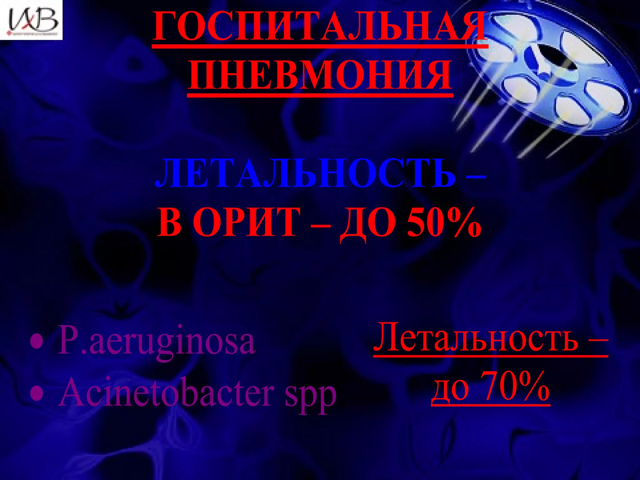 ГОСПИТАЛЬНАЯ
        ПНЕВМОНИЯ

       ЛЕТАЛЬНОСТЬ –
       В ОРИТ – ДО 50%

• P.aeruginosa       Летальность –
• Acinetobacter spp.    до 70%
 