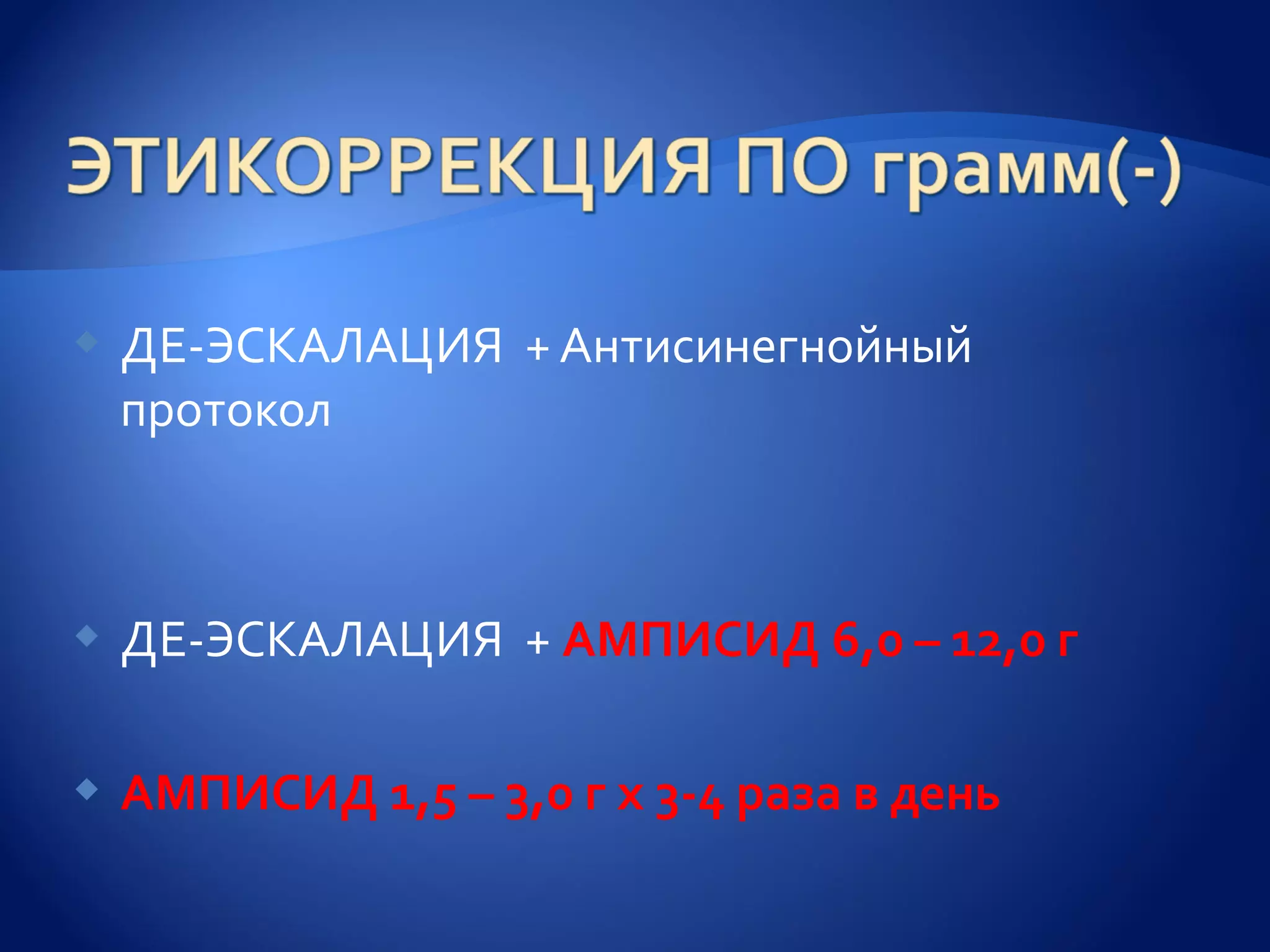    ДЕ-ЭСКАЛАЦИЯ + Антисинегнойный
    протокол



   ДЕ-ЭСКАЛАЦИЯ + АМПИСИД 6,0 – 12,0 г

   АМПИСИД 1,5 – 3,0 г x 3-4 раза в день
 