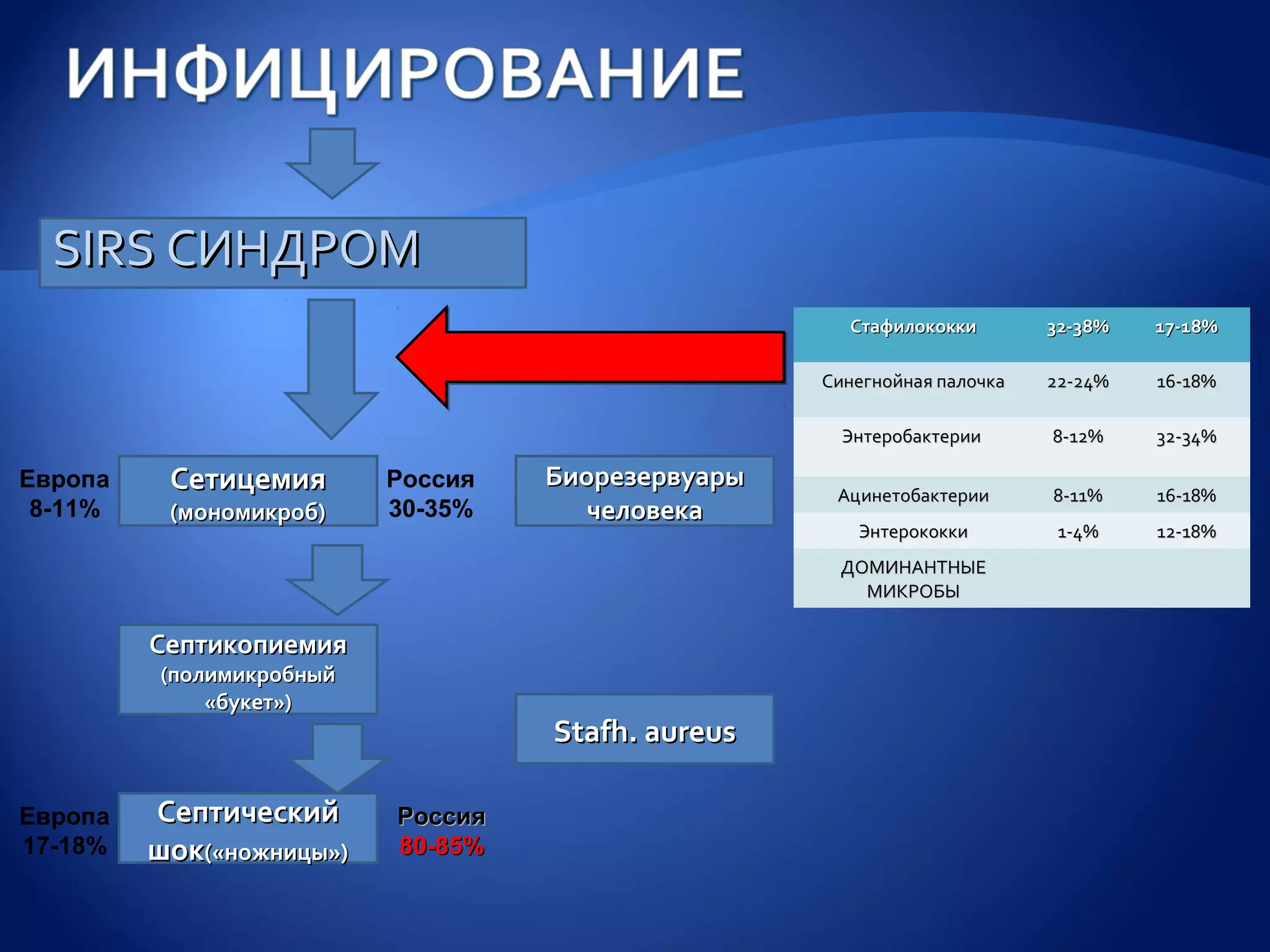 SIRS СИНДРОМ
                                                     Стафилококки        32-38%   17-18%

                                                   Синегнойная палочка   22-24%   16-18%

                                                     Энтеробактерии      8-12%    32-34%

Европа    Сетицемия       Россия   Биорезервуары
                                                    Ацинетобактерии      8-11%    16-18%
 8-11%    (мономикроб)    30-35%      человека
                                                      Энтерококки         1-4%    12-18%
                                                    ДОМИНАНТНЫЕ
                                                      МИКРОБЫ

         Септикопиемия
         (полимикробный
             «букет»)
                                   Stafh. aureus

Европа   Септический      Россия
17-18%   шок(«ножницы»)   80-85%
 