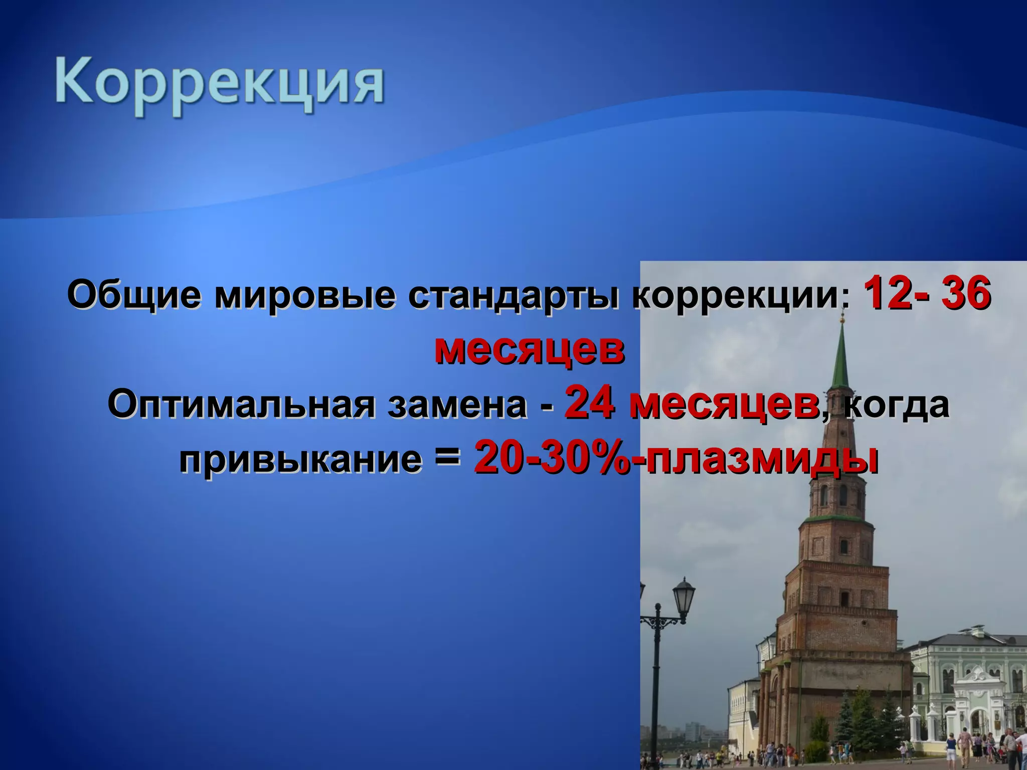 Общие мировые стандарты коррекции: 12- 36
               месяцев
 Оптимальная замена - 24 месяцев, когда
    привыкание = 20-30%-плазмиды
 
