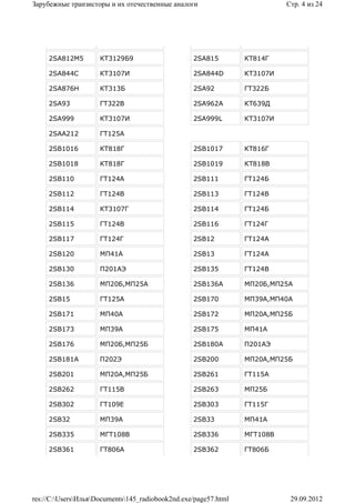 Зарубежные транзисторы и их отечественные аналоги                          Стр. 4 из 24




     2SA812M5        КТ3129Б9                     2SA815         КТ814Г

     2SA844C         КТ3107И                      2SA844D        КТ3107И

     2SA876Н         КТ313Б                       2SA92          ГТ322Б

     2SA93           ГТ322В                       2SA962A        КТ639Д

     2SA999          КТ3107И                      2SA999L        КТ3107И

     2SAA212         ГТ125А

     2SB1016         КТ818Г                       2SB1017        КТ816Г

     2SB1018         КТ818Г                       2SB1019        КТ818В

     2SB110          ГТ124А                       2SB111         ГТ124Б

     2SB112          ГТ124В                       2SB113         ГТ124В

     2SB114          КТ3107Г                      2SB114         ГТ124Б

     2SB115          ГТ124В                       2SB116         ГТ124Г

     2SB117          ГТ124Г                       2SB12          ГТ124А

     2SB120          МП41А                        2SB13          ГТ124А

     2SB130          П201АЭ                       2SB135         ГТ124В

     2SB136          МП20Б,МП25А                  2SB136A        МП20Б,МП25А

     2SB15           ГТ125А                       2SB170         МП39А,МП40А

     2SB171          МП40А                        2SB172         МП20А,МП25Б

     2SB173          МП39А                        2SB175         МП41А

     2SB176          МП20Б,МП25Б                  2SB180A        П201АЭ

     2SB181A         П202Э                        2SB200         МП20А,МП25Б

     2SB201          МП20А,МП25Б                  2SB261         ГТ115А

     2SB262          ГТ115В                       2SB263         МП25Б

     2SB302          ГТ109Е                       2SB303         ГТ115Г

     2SB32           МП39А                        2SB33          МП41А

     2SB335          МГТ108В                      2SB336         МГТ108В

     2SB361          ГТ806А                       2SB362         ГТ806Б




res://C:UsersИльяDocuments145_radiobook2nd.exe/page57.html              29.09.2012
 