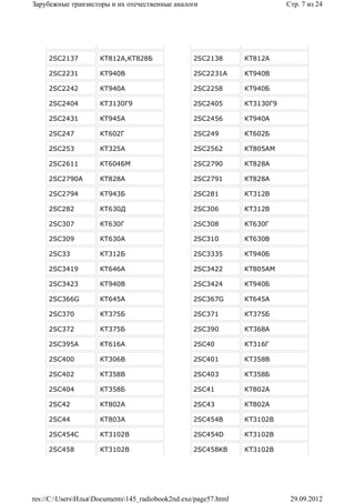 Зарубежные транзисторы и их отечественные аналоги                           Стр. 7 из 24




     2SC2137         КТ812А,КТ828Б                2SC2138        КТ812А

     2SC2231         КТ940В                       2SC2231A       КТ940В

     2SC2242         КТ940А                       2SC2258        КТ940Б

     2SC2404         КТ3130Г9                     2SC2405        КТ3130Г9

     2SC2431         КТ945А                       2SC2456        КТ940А

     2SC247          КТ602Г                       2SC249         КТ602Б

     2SC253          КТ325А                       2SC2562        КТ805АМ

     2SC2611         КТ604БМ                      2SC2790        КТ828А

     2SC2790A        КТ828А                       2SC2791        КТ828А

     2SC2794         КТ943Б                       2SC281         КТ312В

     2SC282          КТ630Д                       2SC306         КТ312В

     2SC307          КТ630Г                       2SC308         КТ630Г

     2SC309          КТ630А                       2SC310         КТ630В

     2SC33           КТ312Б                       2SC3335        КТ940Б

     2SC3419         КТ646А                       2SC3422        КТ805АМ

     2SC3423         КТ940В                       2SC3424        КТ940Б

     2SC366G         КТ645А                       2SC367G        КТ645А

     2SC370          КТ375Б                       2SC371         КТ375Б

     2SC372          КТ375Б                       2SC390         КТ368А

     2SC395A         КТ616А                       2SC40          КТ316Г

     2SC400          КТ306В                       2SC401         КТ358В

     2SC402          КТ358В                       2SC403         КТ358Б

     2SC404          КТ358Б                       2SC41          КТ802А

     2SC42           КТ802А                       2SC43          КТ802А

     2SC44           КТ803А                       2SC454B        КТ3102В

     2SC454C         КТ3102В                      2SC454D        КТ3102В

     2SC458          КТ3102В                      2SC458KB       КТ3102В




res://C:UsersИльяDocuments145_radiobook2nd.exe/page57.html               29.09.2012
 