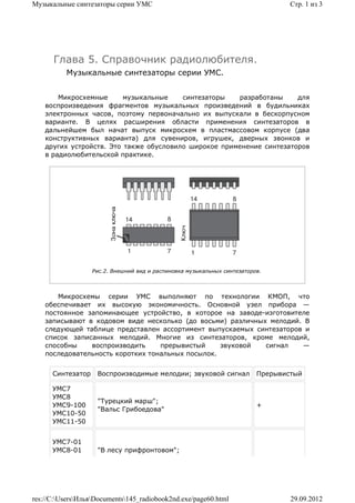 Музыкальные синтезаторы серии УМС                                                 Стр. 1 из 3




      Глава 5. Справочник радиолюбителя.
          Музыкальные синтезаторы серии УМС.


        Микросхемные      музыкальные    синтезаторы   разработаны     для
    воспроизведения фрагментов музыкальных произведений в будильниках
    электронных часов, поэтому первоначально их выпускали в бескорпусном
    варианте. В целях расширения области применения синтезаторов в
    дальнейшем был начат выпуск микросхем в пластмассовом корпусе (два
    конструктивных варианта) для сувениров, игрушек, дверных звонков и
    других устройств. Это также обусловило широкое применение синтезаторов
    в радиолюбительской практике.




                   Рис.2. Внешний вид и распиновка музыкальных синтезаторов.



       Микросхемы серии УМС выполняют по технологии КМОП, что
    обеспечивает их высокую экономичность. Основной узел прибора —
    постоянное запоминающее устройство, в которое на заводе-изготовителе
    записывают в кодовом виде несколько (до восьми) различных мелодий. В
    следующей таблице представлен ассортимент выпускаемых синтезаторов и
    список записанных мелодий. Многие из синтезаторов, кроме мелодий,
    способны    воспроизводить     прерывистый     звуковой  сигнал   —
    последовательность коротких тональных посылок.


      Синтезатор    Воспроизводимые мелодии; звуковой сигнал              Прерывистый

      УМС7
      УМС8
                    "Турецкий марш";
      УМС9-100                                                            +
                    "Вальс Грибоедова"
      УМС10-50
      УМС11-50


      УМС7-01
      УМС8-01       "В лесу прифронтовом";




res://C:UsersИльяDocuments145_radiobook2nd.exe/page60.html                    29.09.2012
 