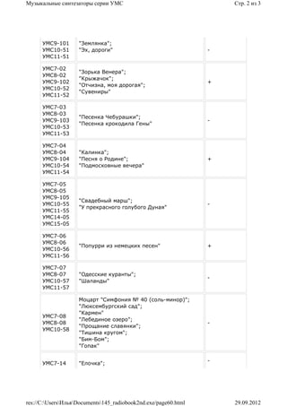 Музыкальные синтезаторы серии УМС                                    Стр. 2 из 3




      УМС9-101      "Землянка";
      УМС10-51      "Эх, дороги"                                 -
      УМС11-51

      УМС7-02
                    "Зорька Венера";
      УМС8-02
                    "Крыжачок";
      УМС9-102                                                   +
                    "Отчизна, моя дорогая";
      УМС10-52
                    "Сувениры"
      УМС11-52

      УМС7-03
      УМС8-03
                    "Песенка Чебурашки";
      УМС9-103                                                   -
                    "Песенка крокодила Гены"
      УМС10-53
      УМС11-53

      УМС7-04
      УМС8-04       "Калинка";
      УМС9-104      "Песня о Родине";                            +
      УМС10-54      "Подмосковные вечера"
      УМС11-54

      УМС7-05
      УМС8-05
      УМС9-105
                    "Свадебный марш";
      УМС10-55                                                   -
                    "У прекрасного голубого Дуная"
      УМС11-55
      УМС14-05
      УМС15-05

      УМС7-06
      УМС8-06
                    "Попурри из немецких песен"                  +
      УМС10-56
      УМС11-56

      УМС7-07
      УМС8-07       "Одесские куранты";
                                                                 -
      УМС10-57      "Шаланды"
      УМС11-57

                    Моцарт "Симфония № 40 (соль-минор)";
                    "Люксембургский сад";
                    "Кармен"
      УМС7-08
                    "Лебединое озеро";
      УМС8-08                                                    -
                    "Прощание славянки";
      УМС10-58
                    "Тишина кругом";
                    "Бим-Бом";
                    "Гопак"

                                                                 -
      УМС7-14       "Елочка";




res://C:UsersИльяDocuments145_radiobook2nd.exe/page60.html       29.09.2012
 