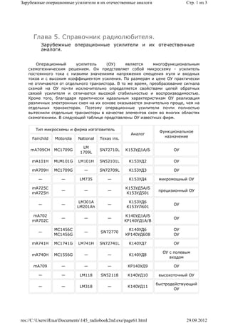 Зарубежные операционные усилители и их отечественные аналоги                  Стр. 1 из 3




      Глава 5. Справочник радиолюбителя.
          Зарубежные операционные усилители и их отечественные
          аналоги.


       Операционный      усилитель     (ОУ)     является    многофункциональным
   схемотехническим решением. Он представляет собой микросхему - усилитель
   постоянного тока с низкими значениями напряжения смещения нуля и входных
   токов и с высоким коэффициентом усиления. По размерам и цене ОУ практически
   не отличаются от отдельного транзистора. В то же время, преобразование сигнала
   схемой на ОУ почти исключительно определяется свойствами цепей обратных
   связей усилителя и отличается высокой стабильностью и воспроизводимостью.
   Кроме того, благодаря практически идеальным характеристикам ОУ реализация
   различных электронных схем на их основе оказывается значительно проще, чем на
   отдельных транзисторах. Поэтому операционные усилители почти полностью
   вытеснили отдельные транзисторы в качестве элементов схем во многих областях
   схемотехники. В следующей таблице представлены ОУ известных фирм.


       Тип микросхемы и фирма изготовитель
                                                                   Функциональное
                                                      Аналог
                                                                     назначение
     Fairchild   Motorola   National   Texas ins.

                              LM
    mA709CH      MC1709G               SN72710L     К153УД1А/Б           ОУ
                             1709L

     mA101H      MLM101G    LM101H     SN52101L      К153УД2             ОУ

     mA709H      MC1709G       —       SN72709L      К153УД3             ОУ

        —           —        LM735        —          К153УД4       микромощный ОУ

     mA725C                                         К153УД5А/Б
                    —          —          —                        прецизионный ОУ
     mA725H                                         К153УД501

                             LM301A                  К153УД6
        —           —                     —                              ОУ
                            LM201Ah                 К153УЛ601

     mA702                                          К140УД1А/Б
                    —          —          —                              ОУ
     mA702C                                         КР140УД1А/В

                 MC1456C                             К140УД6             ОУ
        —                      —       SN72770
                 MC1456G                            КР140УД608           ОУ

     mA741H      MC1741G    LM741H     SN72741L      К140УД7             ОУ

                                                                    ОУ с полевым
     mA740H      MC1556G       —          —          К140УД8
                                                                       входом

      mA709         —          —          —          КР140УД9            ОУ

        —           —        LM118     SN52118       К140УД10      высокоточный ОУ

                                                                  быстродействующий
        —           —        LM318        —          К140УД11
                                                                          ОУ




res://C:UsersИльяDocuments145_radiobook2nd.exe/page61.html                29.09.2012
 