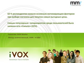 62 % респондентов назвали основным мотивирующим фактором
при выборе магазина для покупки самые выгодные цены.

Самым популярным супермаркетом среди пользователей была
названа сеть «Сильпо» (22%).


Агентство: iVOX Ukraine
Метод: количественный, CAWI. n=1065
 