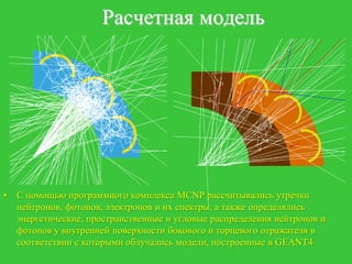 Расчетная модель




•   С помощью программного комплекса MCNP рассчитывались утречки
    нейтронов, фотонов, электронов и их спектры, а также определялись
    энергетические, пространственные и угловые распределения нейтронов и
    фотонов у внутренней поверхности бокового и торцевого отражателя в
    соответствии с которыми облучались модели, построенные в GEANT4
 
