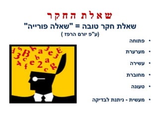‫שאלת החקר‬
‫שאלת חקר טובה = "שאלה פורייה"‬
         ‫(ע"פ יורם הרפז )‬
                                   ‫• פתוחה‬
                                  ‫• מערערת‬

                                    ‫• עשירה‬

                                  ‫• מחוברת‬

                                    ‫• טעונה‬

                      ‫• מעשית - ניתנת לבדיקה‬
 