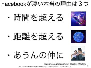 Facebookが凄い本当の理由は３つ

・時間を超える

・距離を超える

・あうんの仲に
                        http://ameblo.jp/enspire/entry-11320213036.html
   イーンスパイア(株) 横田秀珠の著作権を尊重しつつ、是非ノウハウはシェアして行きましょう。                          32
 