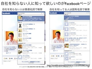自社を知らない人に知って欲しいのがFacebookページ
自社を知らない人は普通名詞で検索               自社を知ってる人は固有名詞で検索




                             http://ameblo.jp/enspire/entry-11215993062.html
      イーンスパイア(株) 横田秀珠の著作権を尊重しつつ、是非ノウハウはシェアして行きましょう。                      47
 