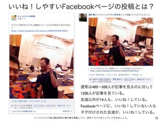 いいね！しやすいFacebookページの投稿とは？




                          通常は400∼500人が記事を見るのに対して
                          1200人が記事を見ている。
                          友達以外が14人も、いいね！している。
                          Facebookページに、いいね！していない人も
                          タグ付けされた友達が、いいね！している。
    イーンスパイア(株) 横田秀珠の著作権を尊重しつつ、是非ノウハウはシェアして行きましょう。   72
 