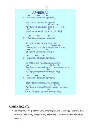22


                               ΑΡΝΙΕΜΑΙ
                    Mi-           Re+         Mi-
             1.     Αρνιέμαι, αρνιέμαι, αρνιέμαι,

                  οι άλλοι να κρατάνε τα σχοινιά.
                    La-                            Mi- Re+     Mi-
                  Αρνιέμαι να με κάνουν ότι θ έ -ε -                   ν ε,
                   Re+                             Mi-
                  αρνιέμαι να πνιγώ στη καταχνιά. [δις]

                         Mi-      Re+              Mi-
             2.     Αρνιέμαι, αρνιέμαι, αρνιέμαι,

                  να είσαι συ και να μην είμαι εγώ.
                   La-                                   Mi- Re+ Mi-
                  Που τη δική μου μοίρα διαφεντε-ε ύ -ε ι ς
                   Re+                        Mi-
                  με τη δική μου γη και το νερό.
                   Mi-          Re+     Mi-
             3.     Αρνιέμαι, αρνιέμαι, αρνιέμαι,

                  να βλέπω πια το δρόμο μου κλειστό.
                   La-                               Mi- Re+ Mi-
                  Αρνιέμαι να ‘χω σκέψη που σωπαί- α ι - ν ε ι ,
                    Re+                        Mi-
                  να περιμένει μάταια τον καιρό. [δις]
                   Mi-          Re+     Mi-
             4.     Αρνιέμαι, αρνιέμαι, αρνιέμαι,

                  στους ξένους να δηλώσω υποταγή.
                        La-                          Mi-   Re+ Mi-
                  Αρνιέμαι σ’ οποιονδήποτε να δ ώ - ω - σ ω,
                   Re+                         Mi-
                  απ’ τη δική μου γη μια σπιθαμή. [δις]




                   ος
ΑΦΗΓΗΤΗΣ 4 :
 • 25 Μαρτίου. Κι η σκέψη μας, φτερουγίζει στο Χάνι της Γραβιάς. Εκεί
   όπου ο Οδυσσέας Ανδρούτσος, εκδικήθηκε το θάνατο του Αθανάσιου
   Διάκου.
 