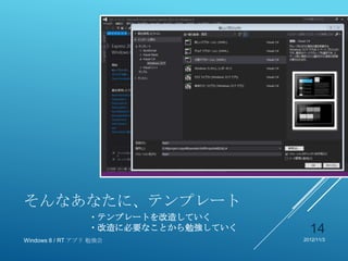 そんなあなたに、テンプレート
                  ・テンプレートを改造していく
                  ・改造に必要なことから勉強していく     14
Windows 8 / RT アプリ 勉強会                2012/11/3
 