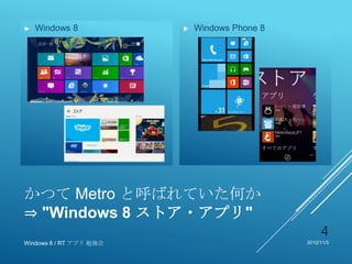 ►   Windows 8            ►   Windows Phone 8




かつて Metro と呼ばれていた何か
⇒ "Windows 8 ストア・アプリ"
                                                    4
Windows 8 / RT アプリ 勉強会                         2012/11/3
 