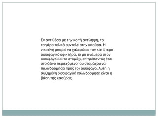 Εν αντιθέσει με την κοινή αντίληψη, το
τσιγάρο τελικά συντελεί στην καούρα. Η
νικοτίνη μπορεί να χαλαρώσει τον κατώτερο
οισοφαγικό σφικτήρα, το μυ ανάμεσα στον
οισοφάγο και το στομάχι, επιτρέποντας έτσι
στο όξινο περιεχόμενο του στομάχου να
παλινδρομήσει προς τον οισοφάγο. Αυτή η
αυξημένη οισοφαγική παλινδρόμηση είναι η
βάση της καούρας.
 