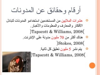 ‫أرقام وحقائق عن المدونات‬
‫‪ ‬عشرات المليين من المستخدمين استخدامو المدونات لتبادل‬
                  ‫الفكار والمعار ف والمعلومات والخبار.‬
                 ‫(8002 ,‪)Tapscott & Williams‬‬
            ‫‪ ‬هناك أكثر من 07 مليون مدونة على النترنت.‬
                                      ‫(8002 ,‪)Stokes‬‬
                         ‫‪ ‬يتم نشر 5 مليون تعليق كل ثانية.‬
                  ‫(8002 ,‪)Tapscott & Williams‬‬
 