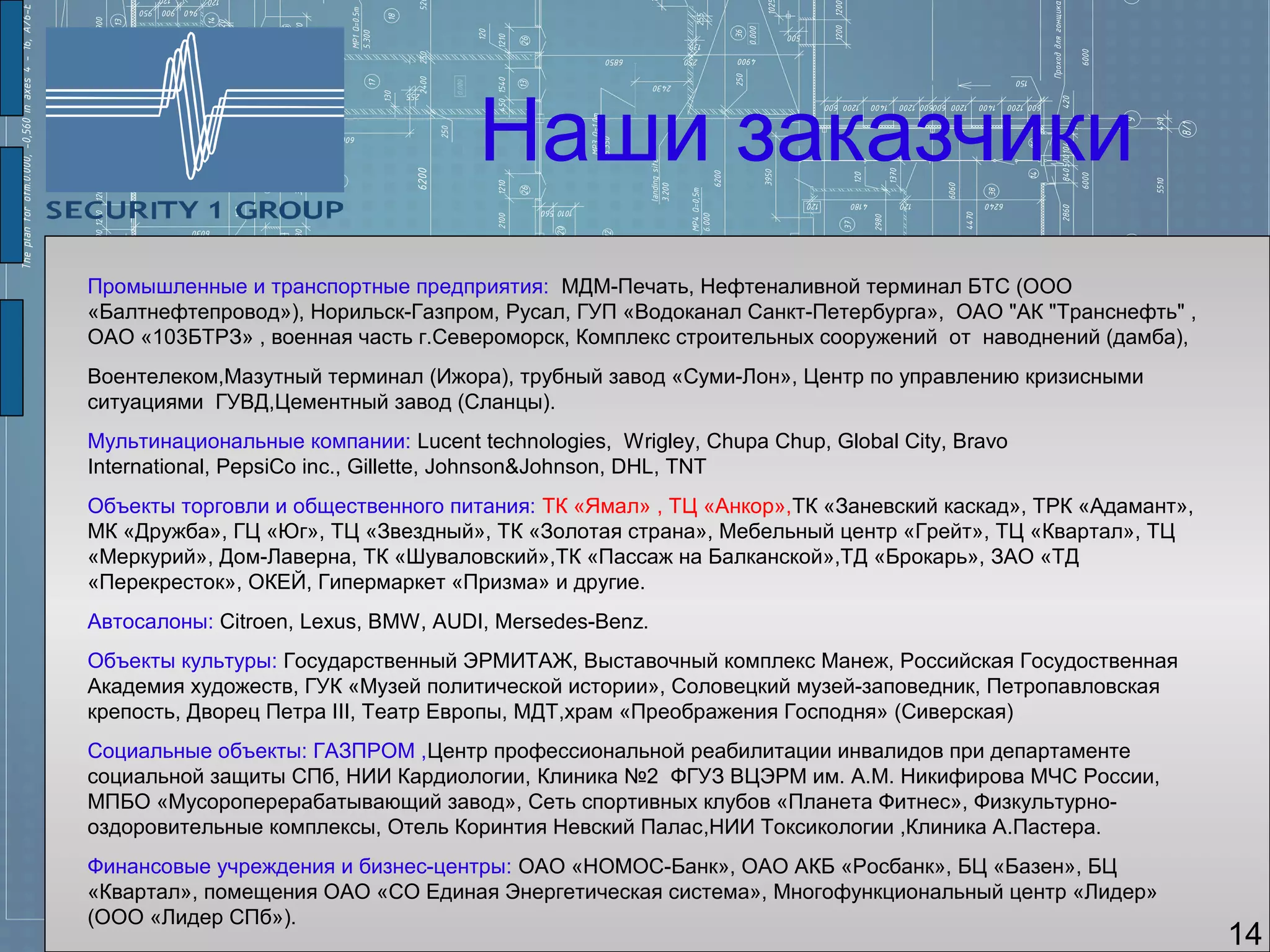 Наши заказчики
Промышленные и транспортные предприятия: МДМ-Печать, Нефтеналивной терминал БТС (ООО
«Балтнефтепровод»), Норильск-Газпром, Русал, ГУП «Водоканал Санкт-Петербурга», ОАО "АК "Транснефть" ,
ОАО «103БТРЗ» , военная часть г.Североморск, Комплекс строительных сооружений от наводнений (дамба),
Воентелеком,Мазутный терминал (Ижора), трубный завод «Суми-Лон», Центр по управлению кризисными
ситуациями ГУВД,Цементный завод (Сланцы).
Мультинациональные компании: Lucent technologies, Wrigley, Сhupa Chup, Global City, Bravo
International, PepsiCo inc., Gillette, Johnson&Johnson, DHL, TNT
Объекты торговли и общественного питания: ТК «Ямал» , ТЦ «Анкор»,ТК «Заневский каскад», ТРК «Адамант»,
МК «Дружба», ГЦ «Юг», ТЦ «Звездный», ТК «Золотая страна», Мебельный центр «Грейт», ТЦ «Квартал», ТЦ
«Меркурий», Дом-Лаверна, ТК «Шуваловский»,ТК «Пассаж на Балканской»,ТД «Брокарь», ЗАО «ТД
«Перекресток», ОКЕЙ, Гипермаркет «Призма» и другие.
Автосалоны: Citroen, Lexus, BMW, AUDI, Mersedes-Benz.
Объекты культуры: Государственный ЭРМИТАЖ, Выставочный комплекс Манеж, Российская Госудоственная
Академия художеств, ГУК «Музей политической истории», Соловецкий музей-заповедник, Петропавловская
крепость, Дворец Петра III, Театр Европы, МДТ,храм «Преображения Господня» (Сиверская)
Социальные объекты: ГАЗПРОМ ,Центр профессиональной реабилитации инвалидов при департаменте
социальной защиты СПб, НИИ Кардиологии, Клиника №2 ФГУЗ ВЦЭРМ им. А.М. Никифирова МЧС России,
МПБО «Мусороперерабатывающий завод», Сеть спортивных клубов «Планета Фитнес», Физкультурно-
оздоровительные комплексы, Отель Коринтия Невский Палас,НИИ Токсикологии ,Клиника А.Пастера.
Финансовые учреждения и бизнес-центры: ОАО «НОМОС-Банк», ОАО АКБ «Росбанк», БЦ «Базен», БЦ
«Квартал», помещения ОАО «СО Единая Энергетическая система», Многофункциональный центр «Лидер»
(ООО «Лидер СПб»).
                                                                                                         14
 