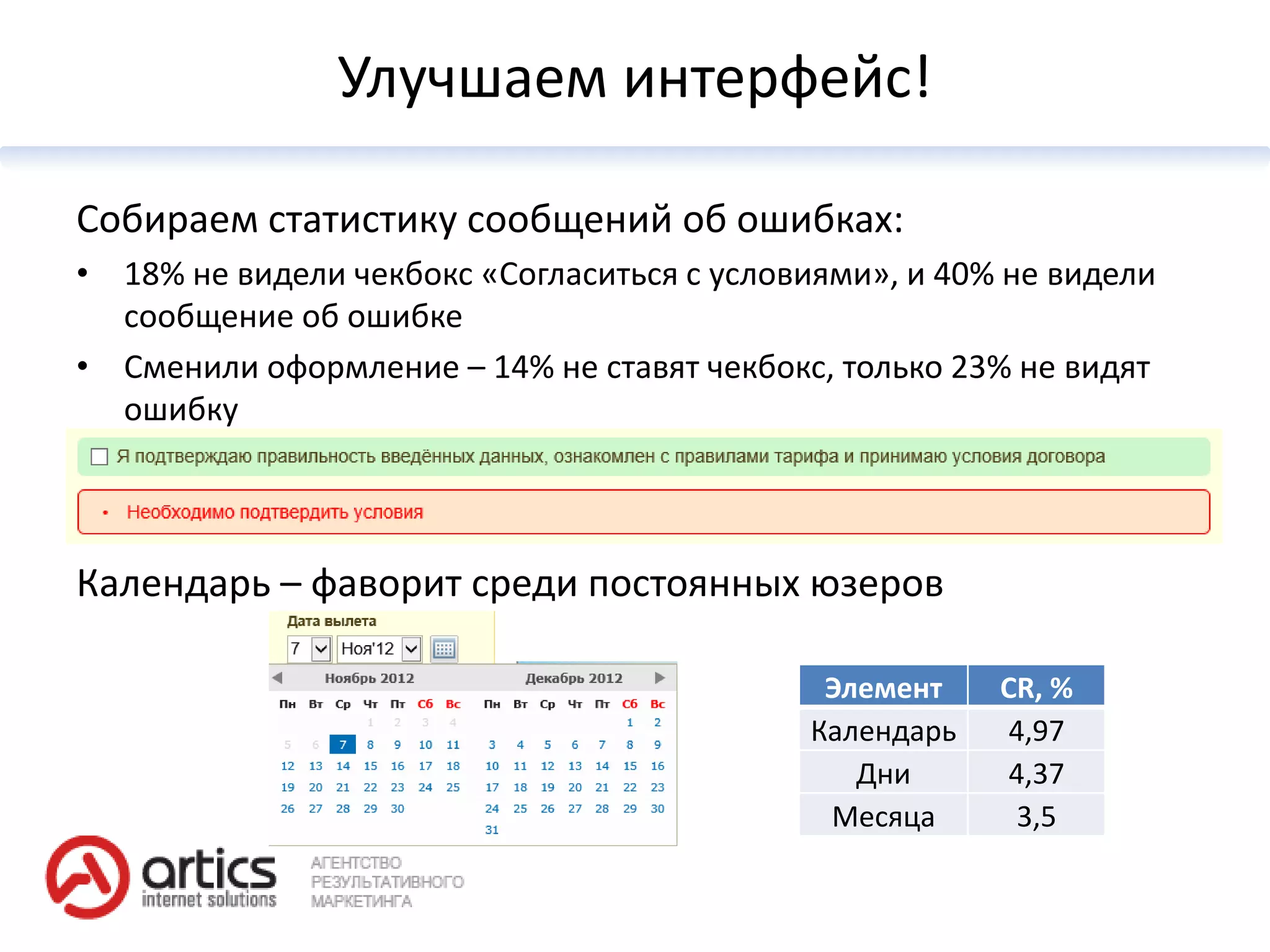 Улучшаем интерфейс!

Собираем статистику сообщений об ошибках:
• 18% не видели чекбокс «Согласиться с условиями», и 40% не видели
  сообщение об ошибке
• Сменили оформление – 14% не ставят чекбокс, только 23% не видят
  ошибку



Календарь – фаворит среди постоянных юзеров

                                             Элемент    CR, %
                                            Календарь    4,97
                                               Дни       4,37
                                             Месяца      3,5
 