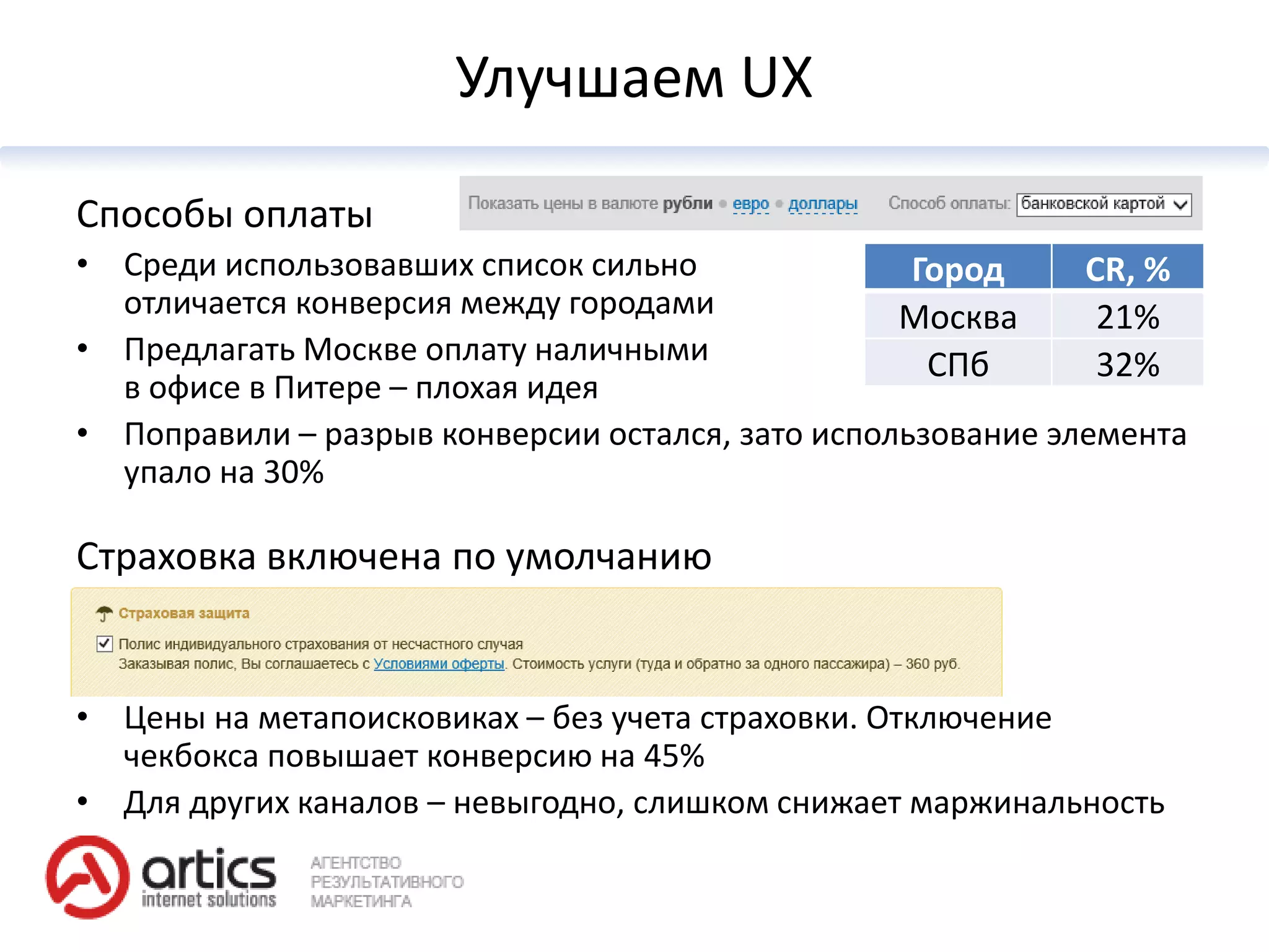 Улучшаем UX

Способы оплаты
• Среди использовавших список сильно               Город     CR, %
  отличается конверсия между городами             Москва      21%
• Предлагать Москве оплату наличными                СПб       32%
  в офисе в Питере – плохая идея
• Поправили – разрыв конверсии остался, зато использование элемента
  упало на 30%

Страховка включена по умолчанию


• Цены на метапоисковиках – без учета страховки. Отключение
  чекбокса повышает конверсию на 45%
• Для других каналов – невыгодно, слишком снижает маржинальность
 