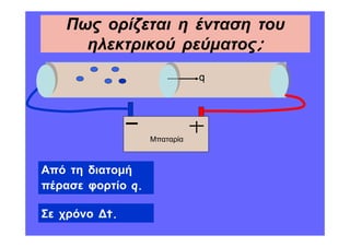 Πως ορίζεται η ένταση του
     ηλεκτρικού ρεύµατος;
                              q




                   Μπαταρία



Από τη διατοµή
πέρασε φορτίο q.

Σε χρόνο   t.
 