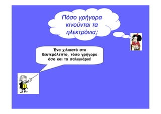 Πόσο γρήγορα
          κινούνται τα
          ηλεκτρόνια;

      Ένα χιλιοστό στο
δευτερόλεπτο, τόσο γρήγορα
   όσο και τα σαλιγκάρια!
 