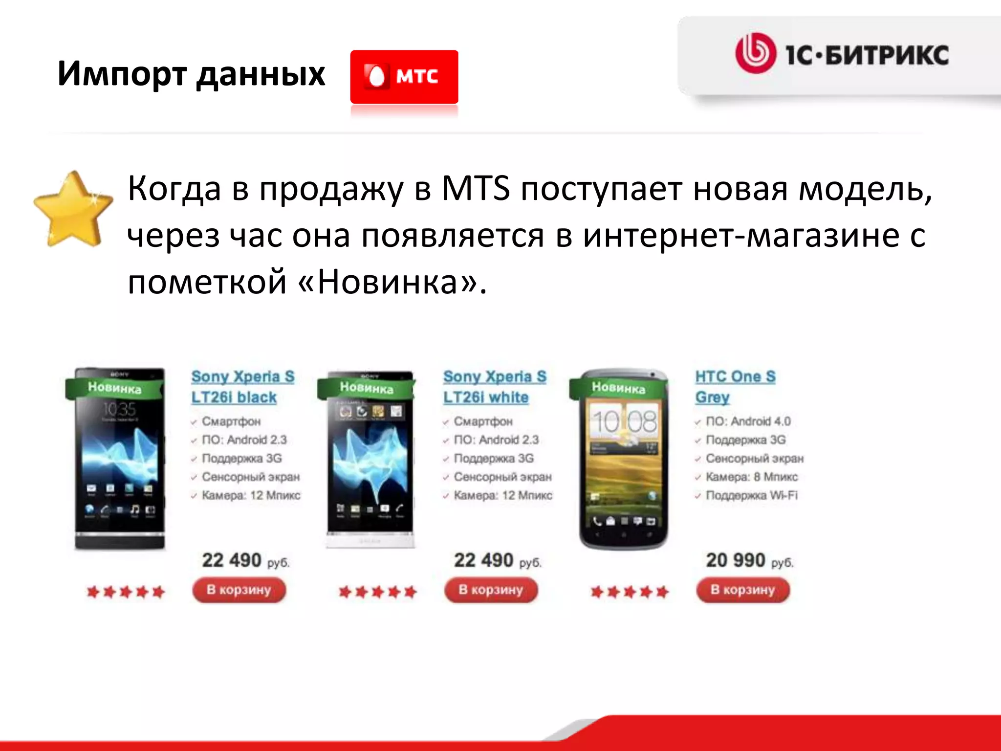 Импорт данных

   Когда в продажу в MTS поступает новая модель,
   через час она появляется в интернет-магазине с
   пометкой «Новинка».
 