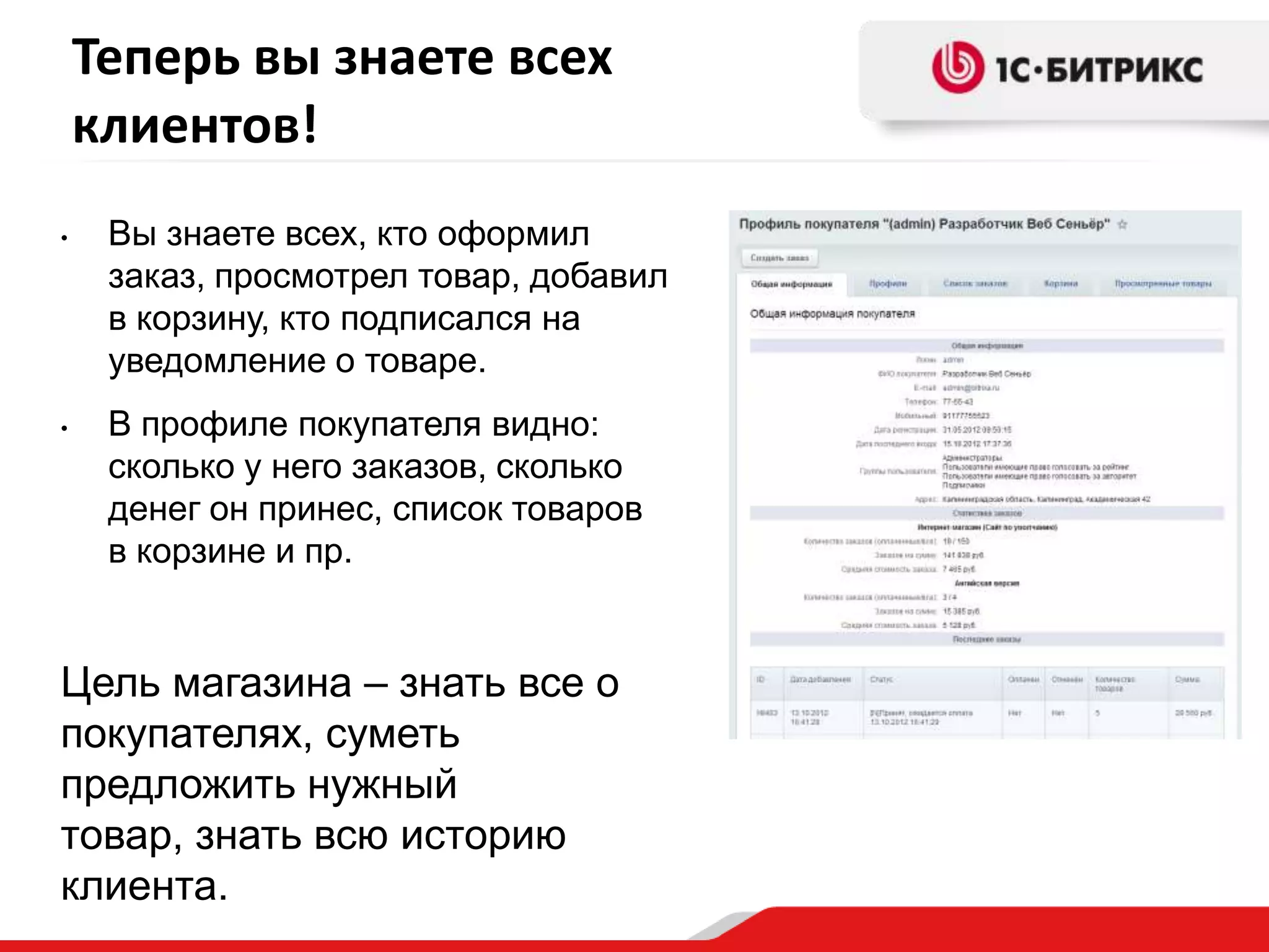 Теперь вы знаете всех
    клиентов!
•    Вы знаете всех, кто оформил
     заказ, просмотрел товар, добавил
     в корзину, кто подписался на
     уведомление о товаре.
•    В профиле покупателя видно:
     сколько у него заказов, сколько
     денег он принес, список товаров
     в корзине и пр.


Цель магазина – знать все о
покупателях, суметь
предложить нужный
товар, знать всю историю
клиента.
 