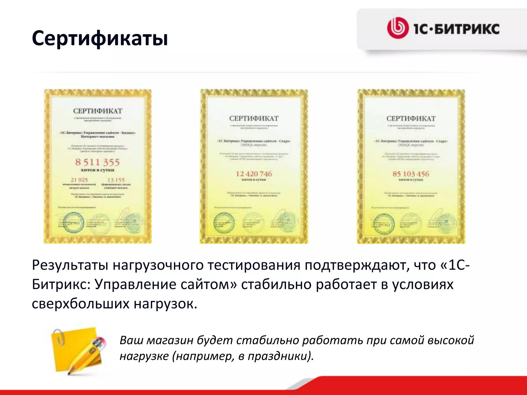 Сертификаты




Результаты нагрузочного тестирования подтверждают, что «1С-
Битрикс: Управление сайтом» стабильно работает в условиях
сверхбольших нагрузок.

           Ваш магазин будет стабильно работать при самой высокой
           нагрузке (например, в праздники).
 