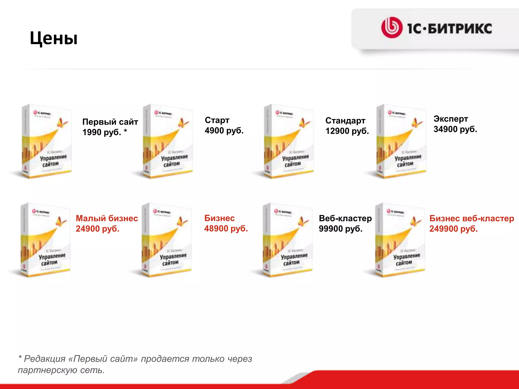 Цены



            Первый сайт              Старт         Стандарт     Эксперт
            1990 руб. *              4900 руб.     12900 руб.   34900 руб.




           Малый бизнес              Бизнес       Веб-кластер   Бизнес веб-кластер
           24900 руб.                48900 руб.   99900 руб.    249900 руб.




* Редакция «Первый сайт» продается только через
партнерскую сеть.
 